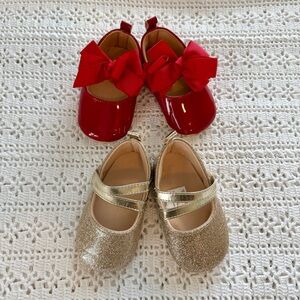 Baby Toddler Girl Red Patent Bow Mary Janes & Gold Glitter Mary Janes 9-12 Mo.